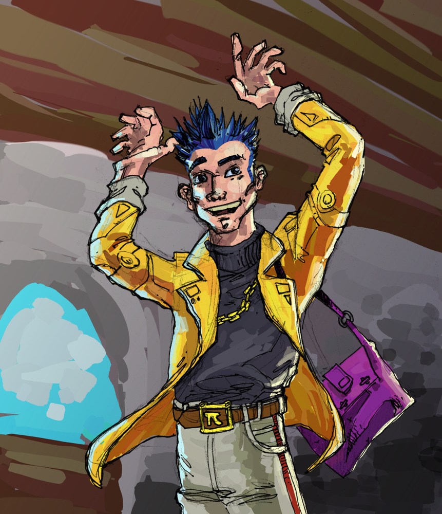 Picture of young excitable man with spiky blue hair