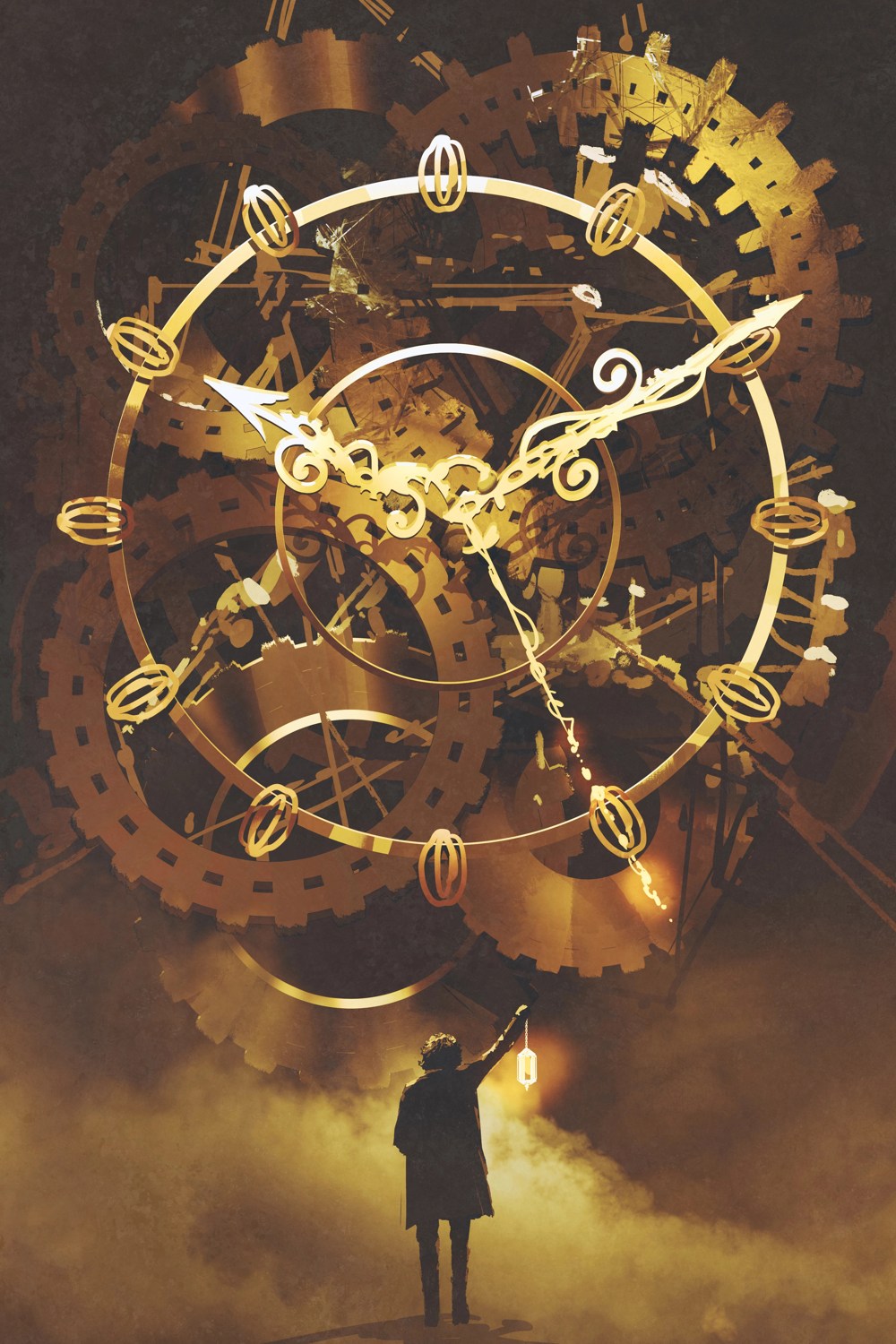 Man holding a lantern staring at giant clock